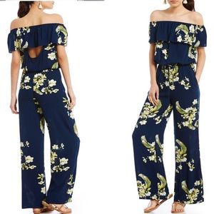 Chelsea and Violet Navy Off Shoulder Jumpsuit